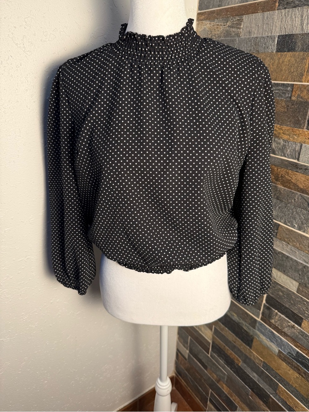 Monteau Black Polka Dot Smocked Neck Blouse 3/4 sleeves Medium